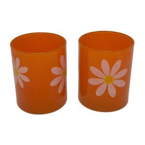 VTG Orange Glass Tumblers w/ White Daisy Print – Set of 2, Retro Cups 2.5″×3.5″